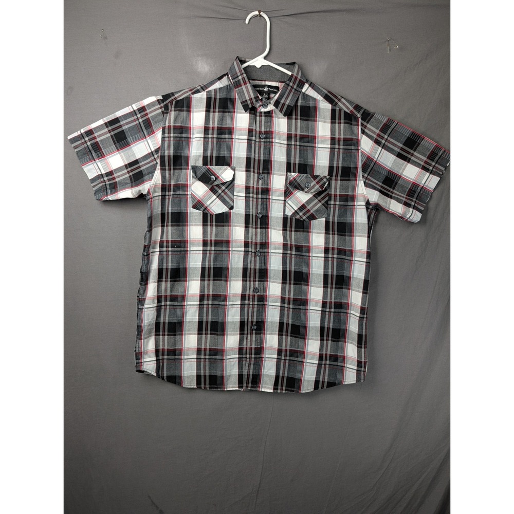 Beverly Hills Polo Club Mens Large Plaid Button Down Shirt Short Sleeve Gray Red